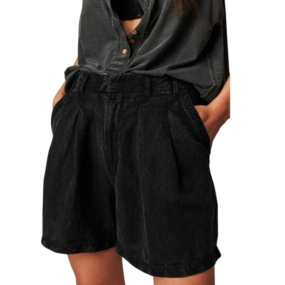 Free People Black High-Waist Pleated Shorts